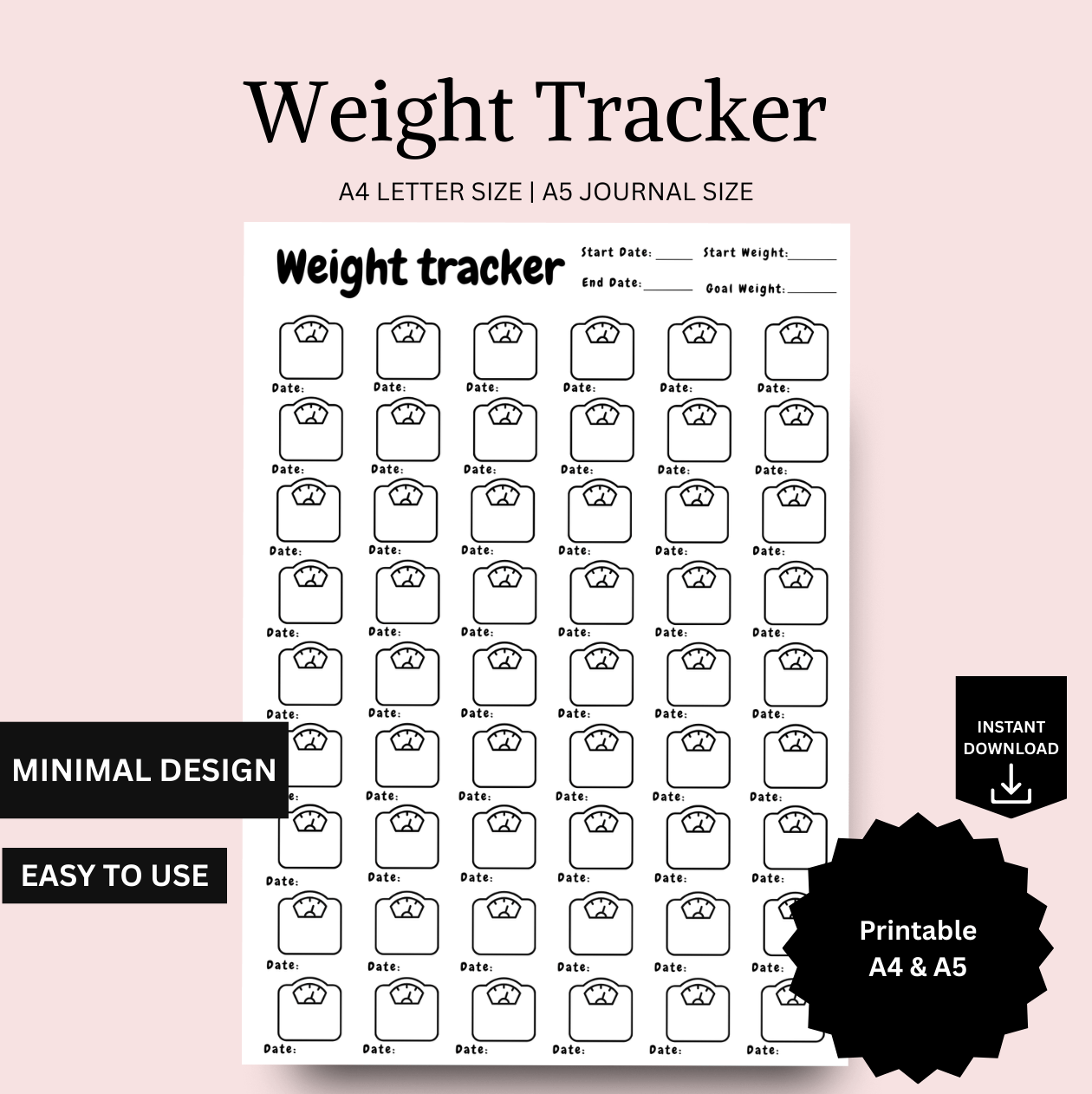 Printable weight tracker template daily logging, A4 and A5 journal sizes. Minimalist layout for fitness  scribbly bits